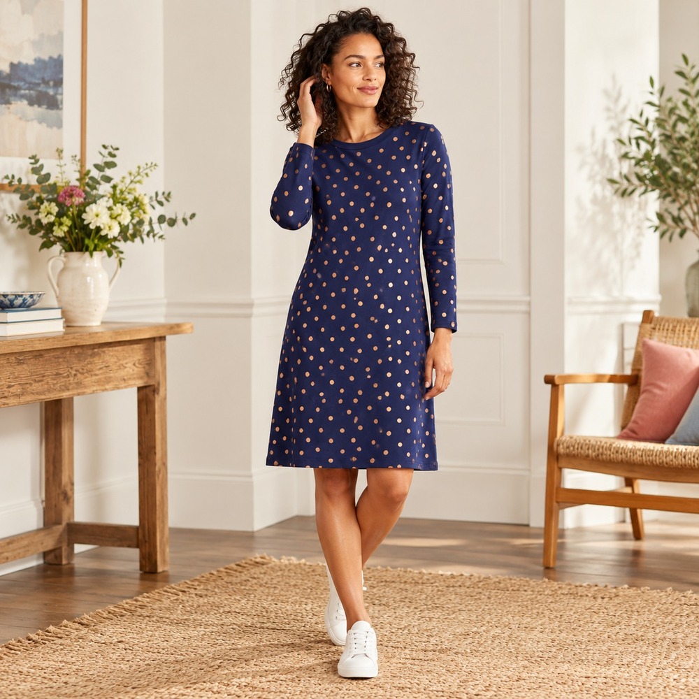 Boden Womens Navy Metallic Polka Dot Sweatshirt Dress US 10L Mod Preppy Twee